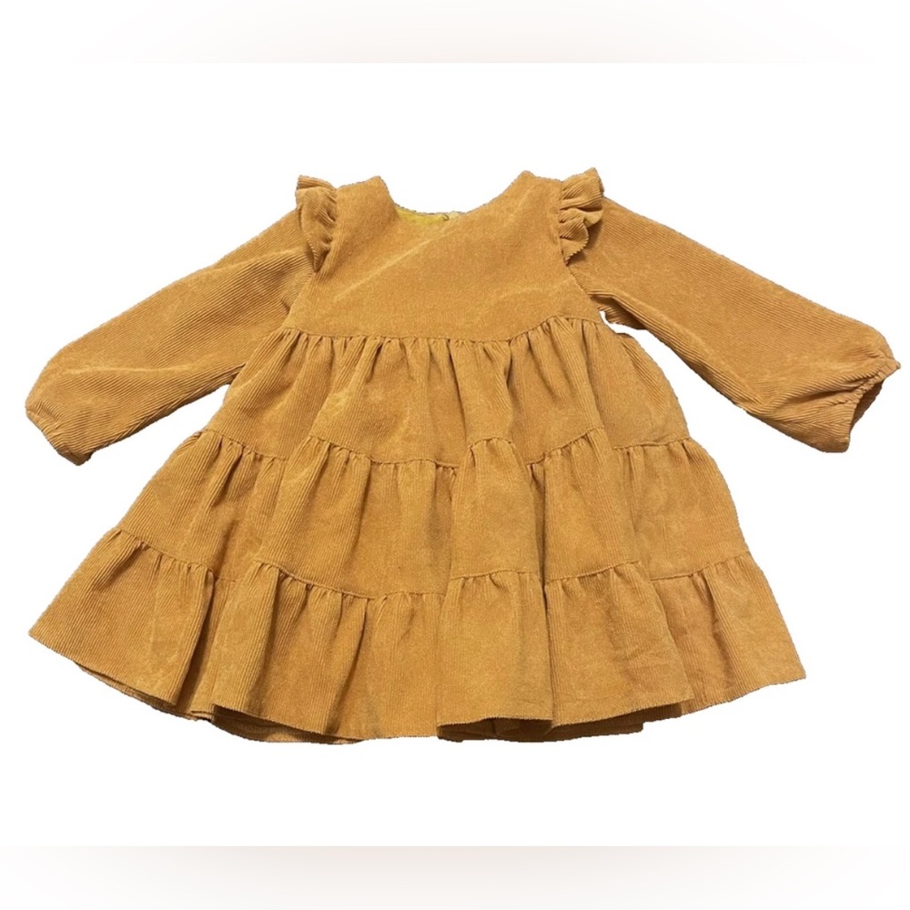 Vintage Handmade Girls 12-18M Corduroy Tiered Dress Mustard Yellow Boho Western